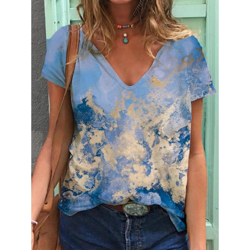 Summer V-neck 3D Mother's Day Alphabet Flower Printed Top Fashionable Casual Short Sleeved Women's T-shirts