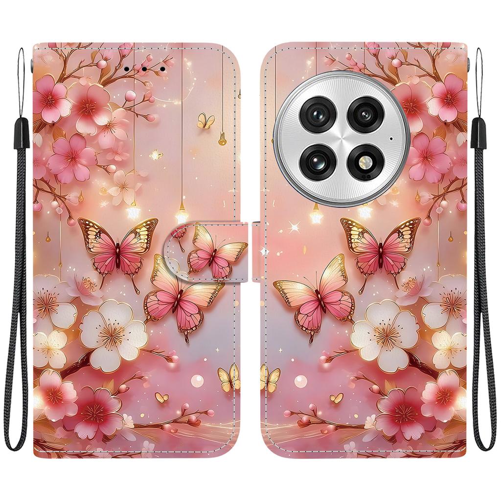 Handmade PU Leather Flip Case for OnePlus 13 Anti-Slip Shockproof Cover with Wrist Strap & Heart/Rose Cat Designs