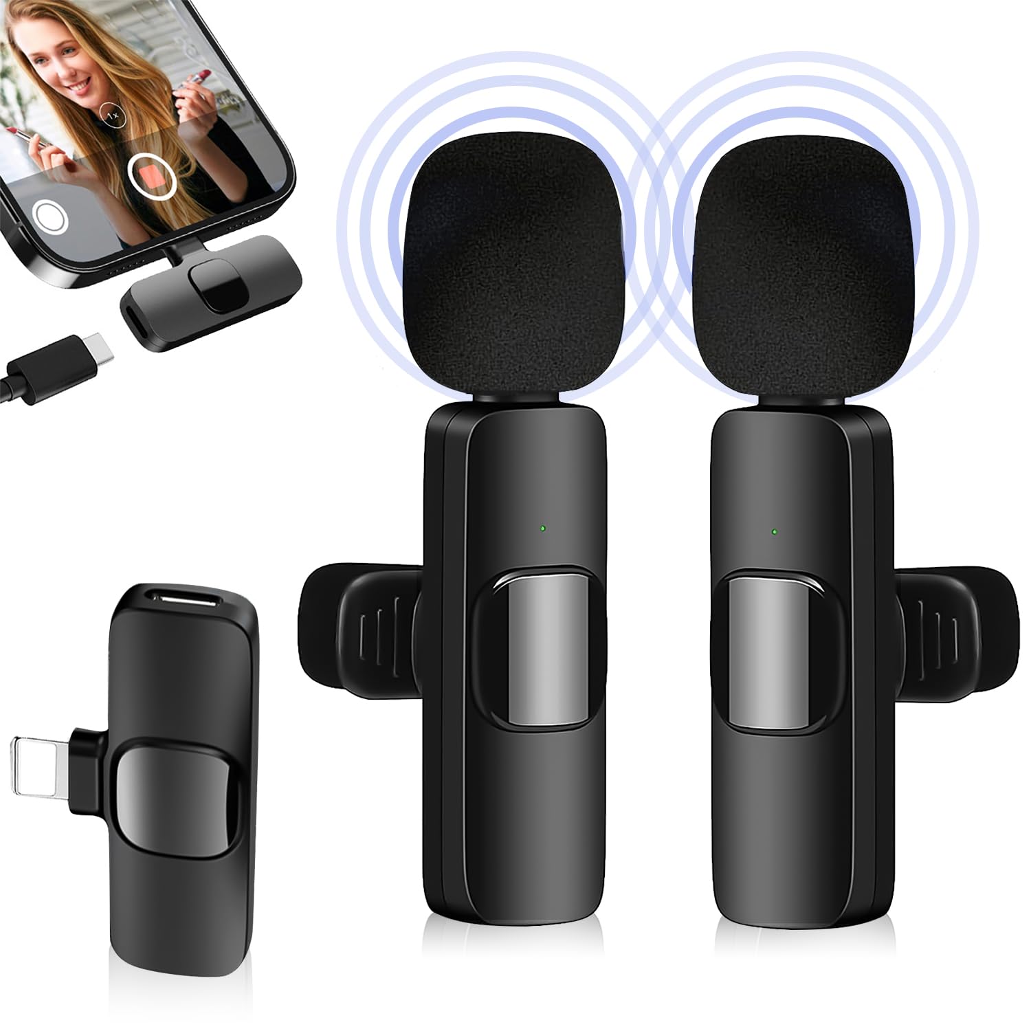 

Wireless Lapel Microphone for iPhoneiPad [2-Person Use] Instant Connection, 360° Sound Collection, Noise Reduction, 7 Hours of Continuous Use, Plug