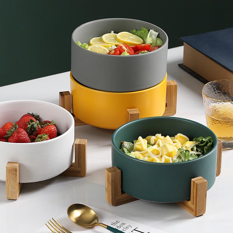 Nordic Ceramic Salad Bowl with Bamboo Stand