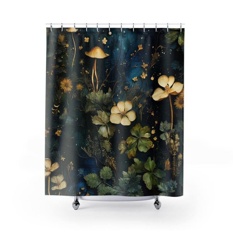 Mystical Forest Flowers Shower Curtain - Nature Theme, Botanical Design, Greenery Bathroom Decor