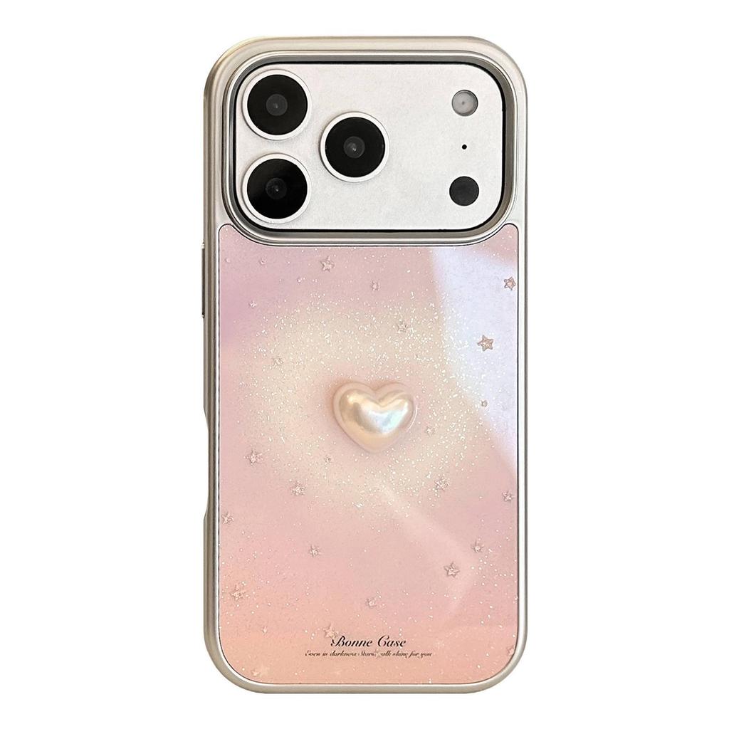 Korean Style Pink Gradient Love Heart Glitter Phone Case for Apple iPhone 17 Pro Max, 16, 15, 13 Electroplated Hard Cover