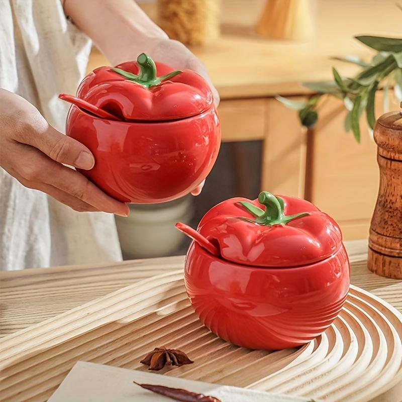 Sugar Bowl Tomato Ceramic Spice Jar Storage Jar with Spoon Kitchen Dining Table Seasoning Container Christmas Home Decorative