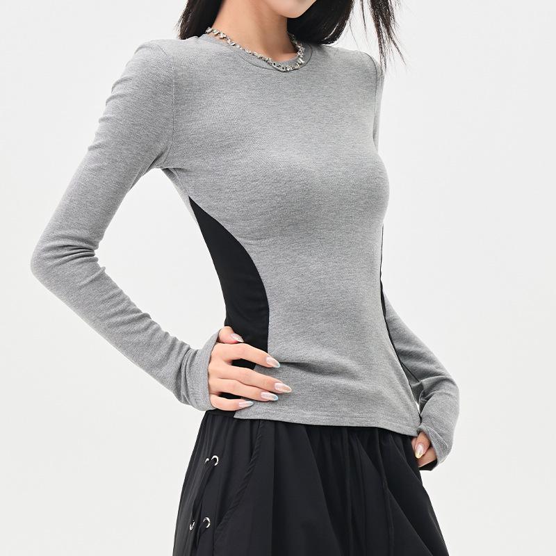 Thermal Velvet Color Block Round Neck Slim Fit Long Sleeve T-shirt for Women - Autumn Winter Waist-cinching Top