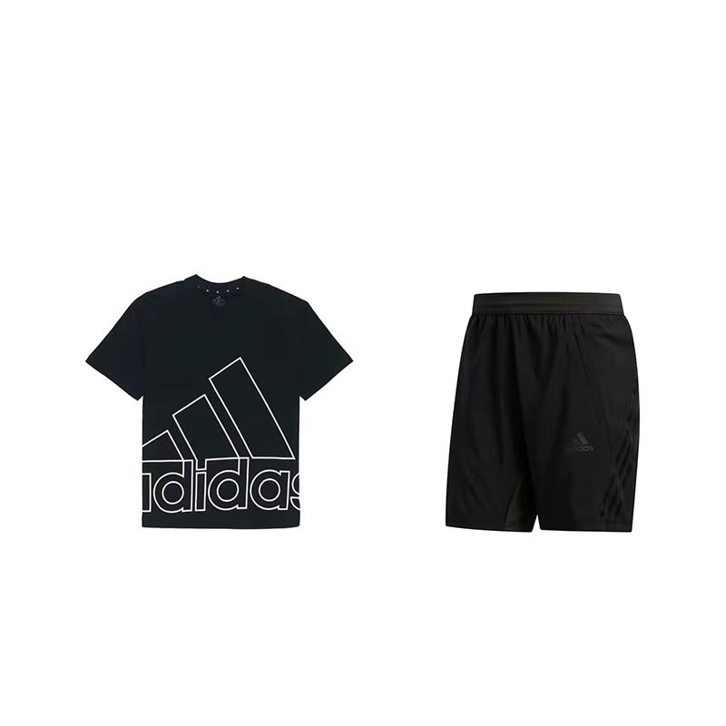 

Adidas American Retro Большой логотип с круглым вырезом и коротким рукавом, шорты со средней талией, повседневный спортивный костюм, комплекты унисекс, черный H60662+FL4389 S
