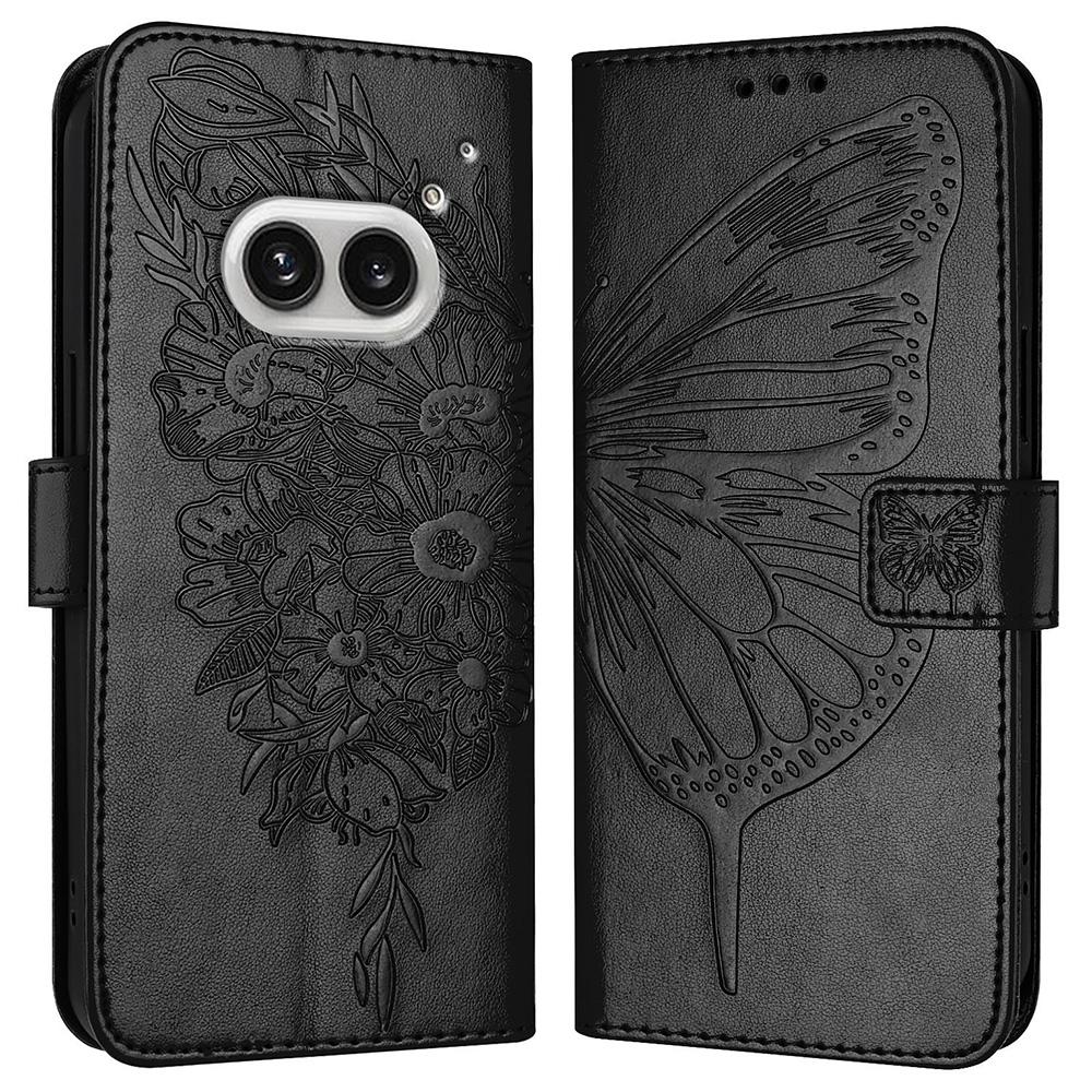 

For Nothing Phone (2a) Plus/Phone (2a) Wallet Case with Wrist Strap Butterfly Imprint Leather Phone Cover Black