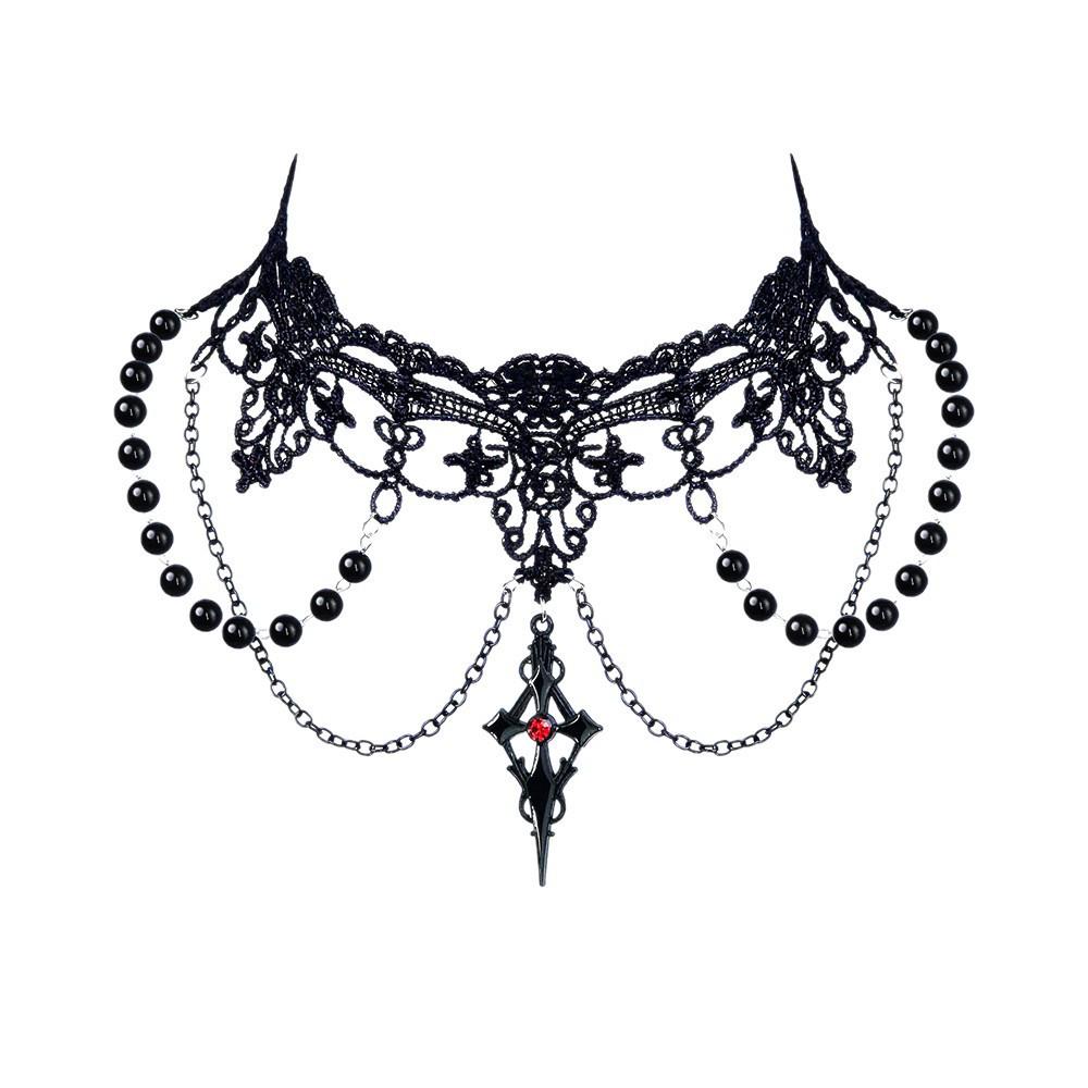 Gothic Black Lace Chain Cross Necklace Choker