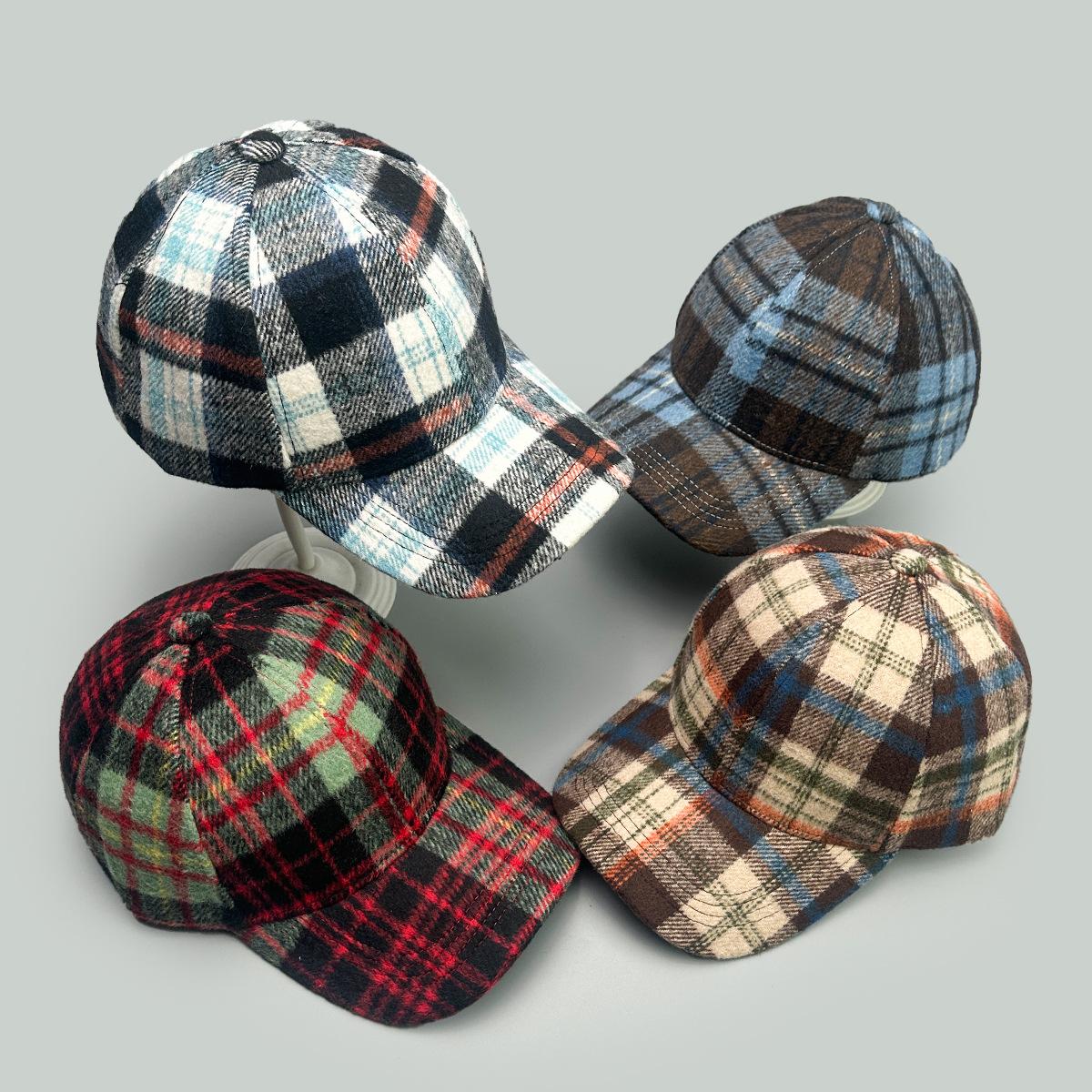 Supermarket Go Women's Brown/Blue Autumn And Winter Hard Top Retro Plaid Personalized Baseball Cap Men And Warm British Style Niche Outdoor Cap 52-60Cm