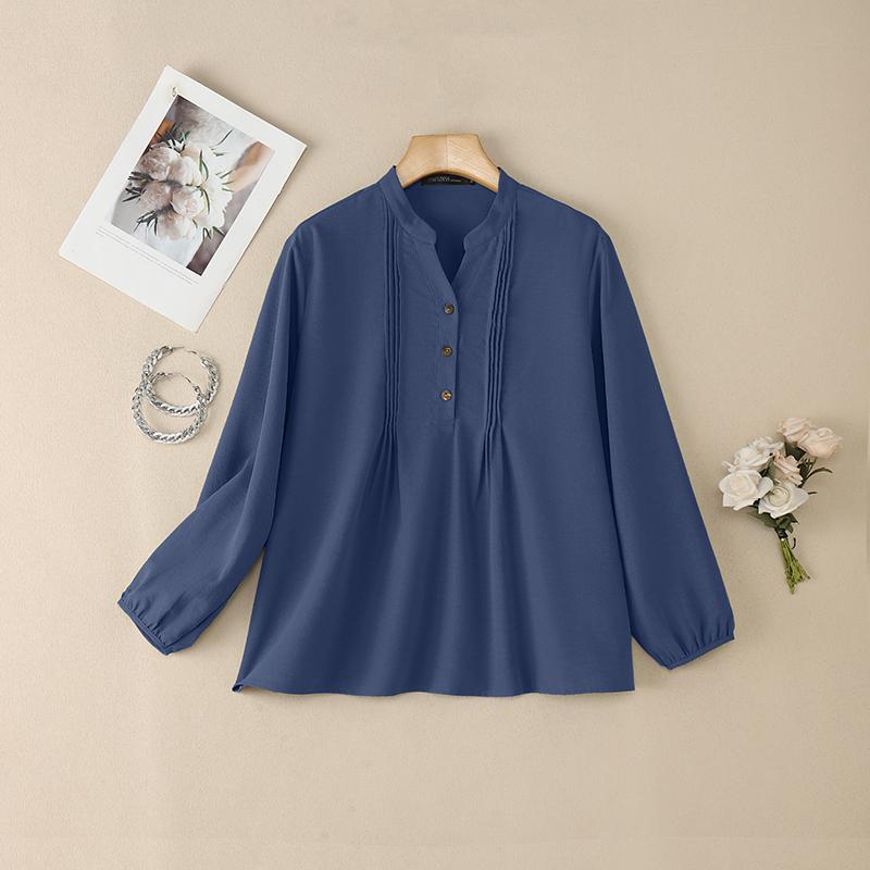 ZANZEA Dámská ležérní jednobarevná volná halenka s V-výstřihem a dlouhým rukávem