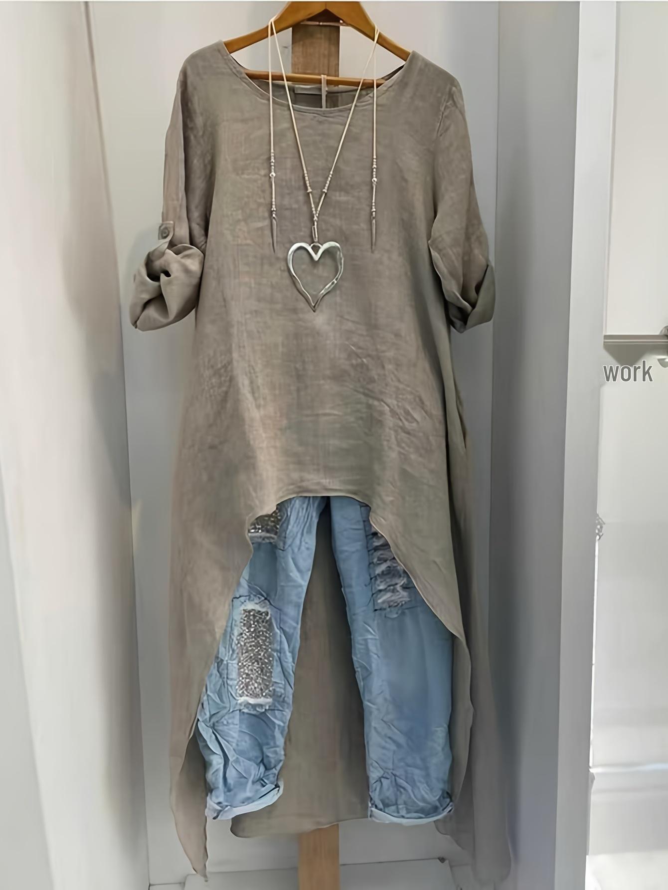 

Women s Linen Asymmetrical Long Top - Round Neck Loose Fit Shirt Extra Large сірий колір