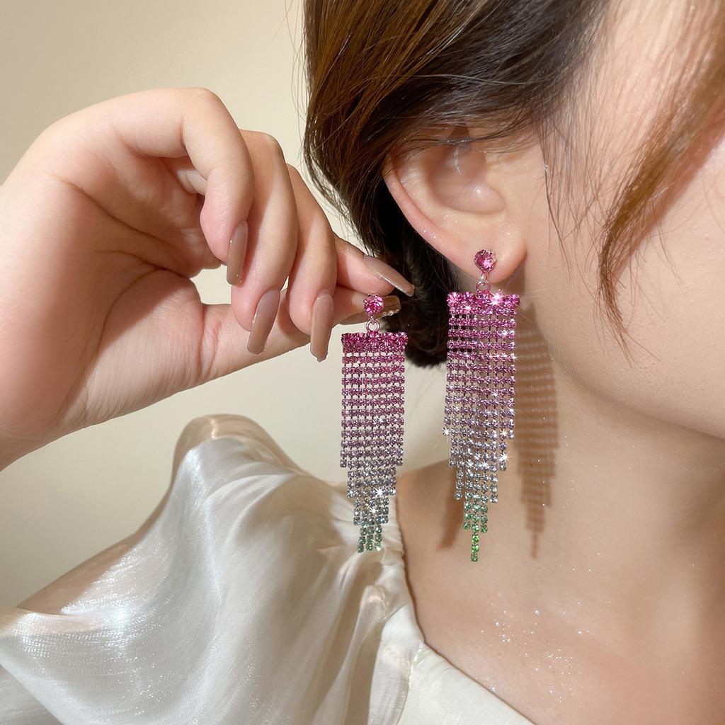 Light luxury color full diamond tassel long earrings