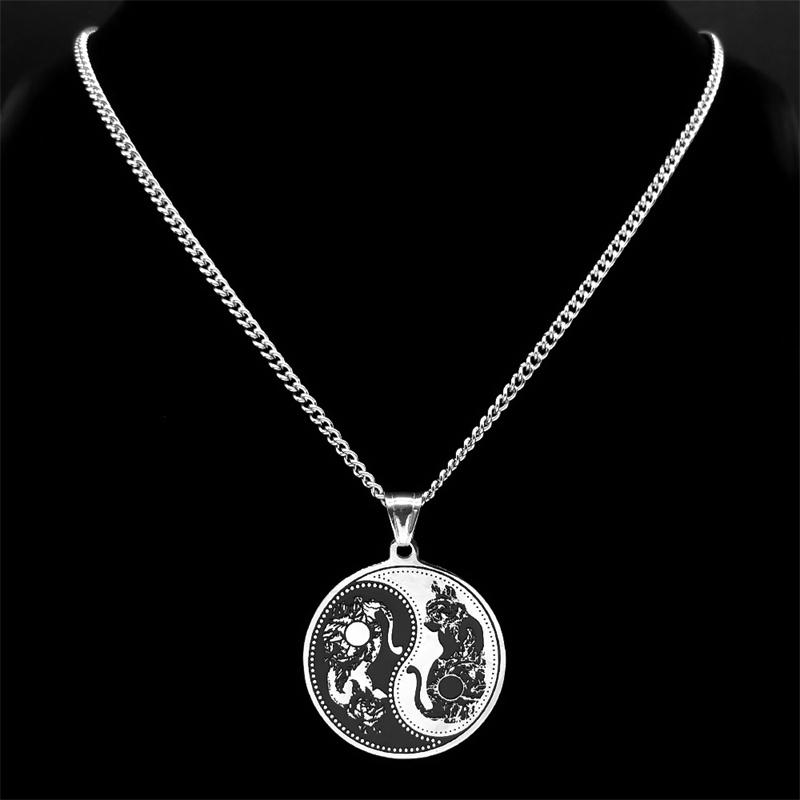 Yin Yang Cat Tai Chi Taoism Pendant Necklace for Women Men Stainless Steel Round Hip Hop Punk Chain Necklaces Jewelry N2521S05
