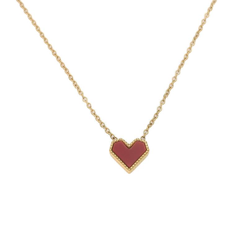 Versatile 18K Titanium Steel Peach Heart Clavicle Chain French Light Luxury Red Acrylic Love Necklace Women'S Pendant