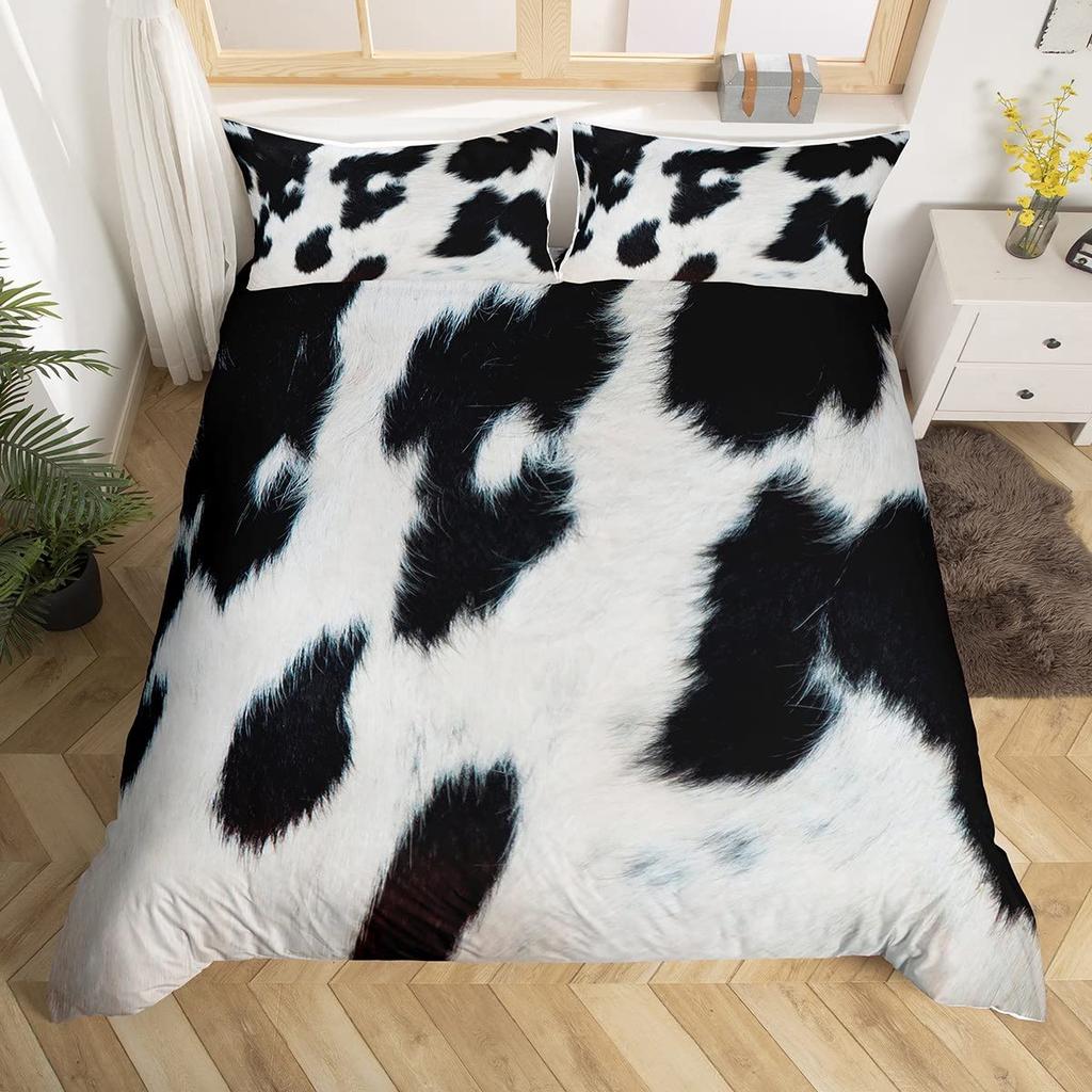 Cow Print Duvet Cover Set Full Size Abstract Cowhide Print Comforter Cover Black White Animal Print Bedding Set 3pcs for Boys