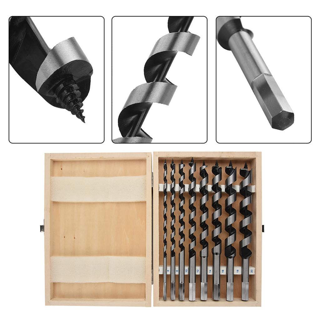 8pc Carbon Steel Auger Bit Set Wooden Case Machined Hex Shank Drill