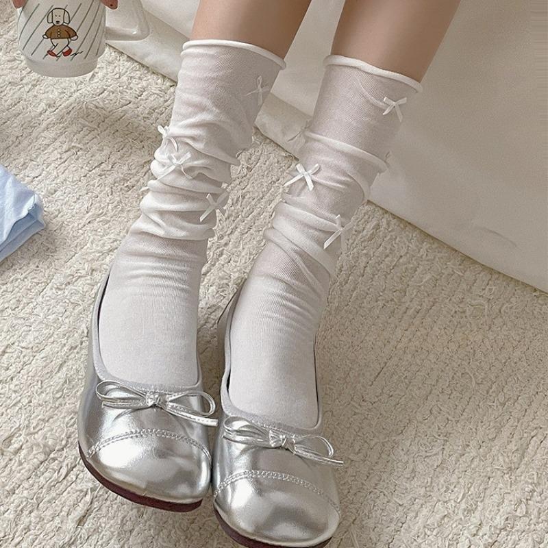 Vita vadstrumpor för damer, vår och sommar, balettstil, med rosett, mitt på vaden, med Mary Jane-strumpor