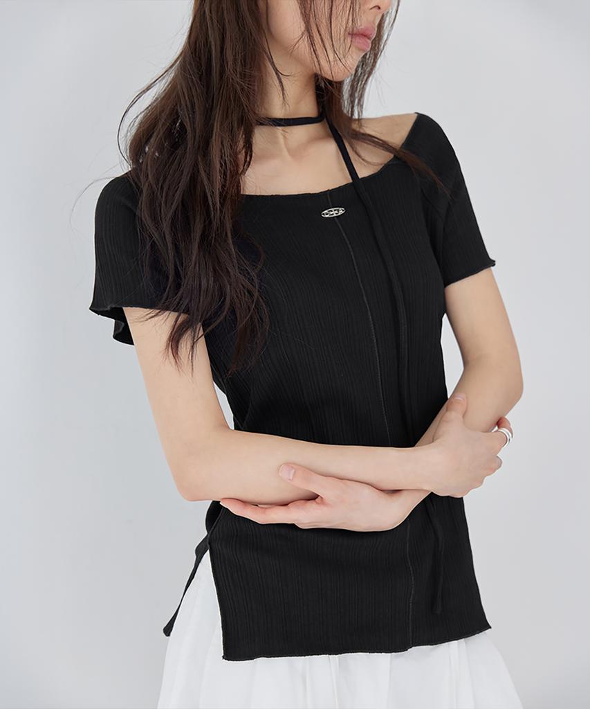 Leondeondada Pleated Pendant Boat Neck Short Sleeve T-Shirt, Black