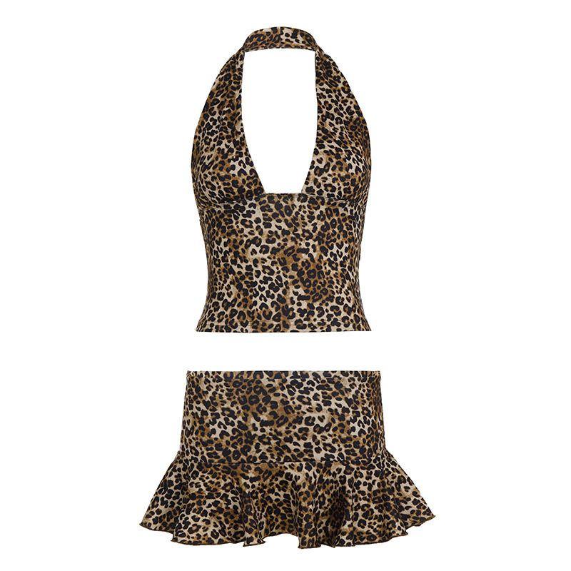 Personalized Hot Girl Sexy Leopard Print Halter Neck Tank Top with Ruffles, Vacation Style Low-Waist Mini Skirt Set Leopard print S