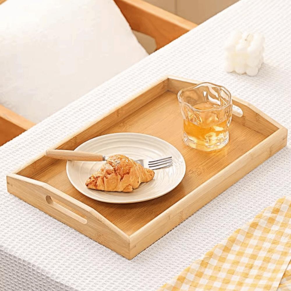 Aesthetic Bamboo Serving Tray with Handles Coffee Tea Tray Durable Food Storage Tray Cooking