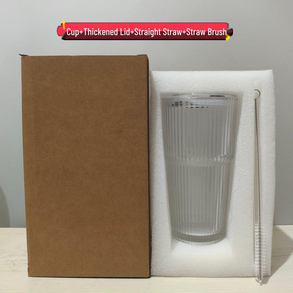 Eco-friendly Large Capacity Vertical Stripe Glass Cup with Straw