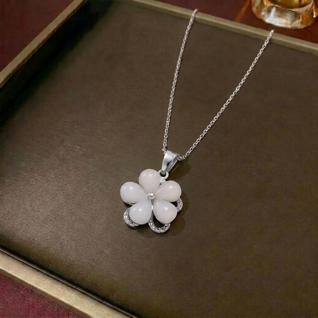 European & American Women's Zircon Flower Necklace & Rotatable Pendant Earrings Set