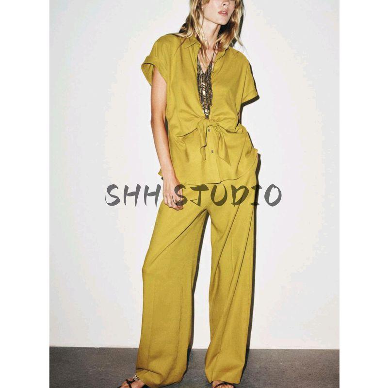 Flip Collar Short Sleeve Linen Blend Bow Tie Shirt 8138389 High Waist Straight-leg Casual Pants 8632389