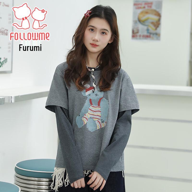 FULUOMI Girls  Cartoon Bear Print Faux Two-Piece Long Sleeve T-Shirt 150