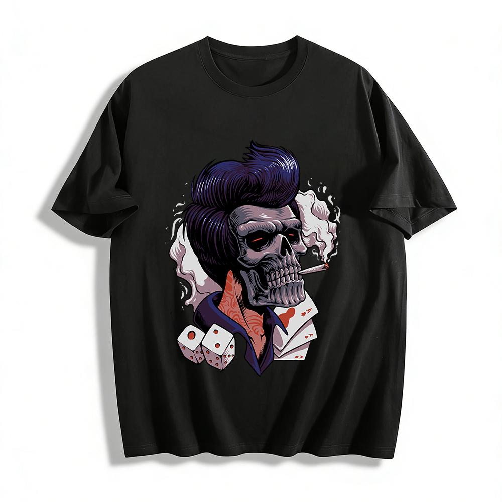 Vintage Gambler Skull Print Tee Edgy Retro Casual Graphic T-Shirt Pure cotton T-shirt XXS