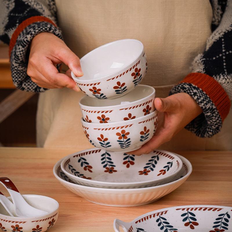 Japanese Retro Underglaze Ceramic Dishes Tableware Set Bowl Noodle Bowl Soup Bowl Vegetable Plate Western Food Bowl Light Luxury Retro