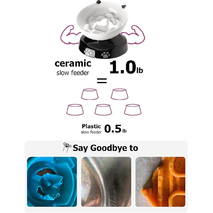Y YHY Ceramic Cat Slow Feeder, Elevated Dog Food Bowl Tilted Design, Slow Feeder Bowl No Black Chin, Cat Shape for Dry and Wet Food