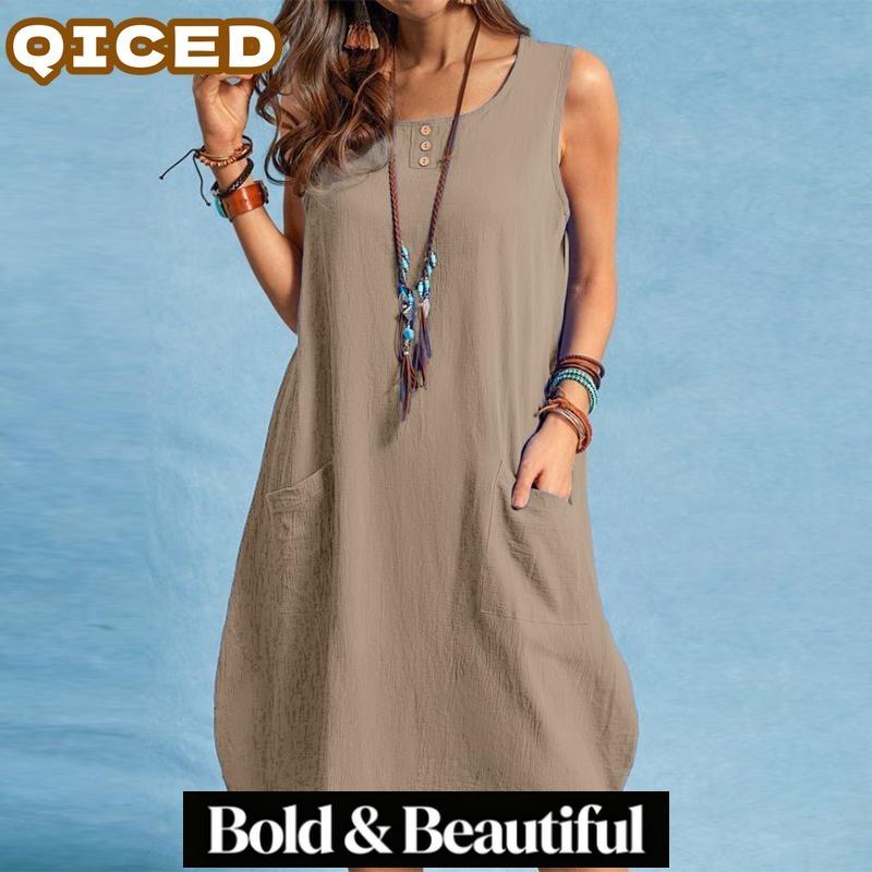 QICED Fashion Summer Spring Solid Color Print Sleeveless O-Neck Casual Dresses