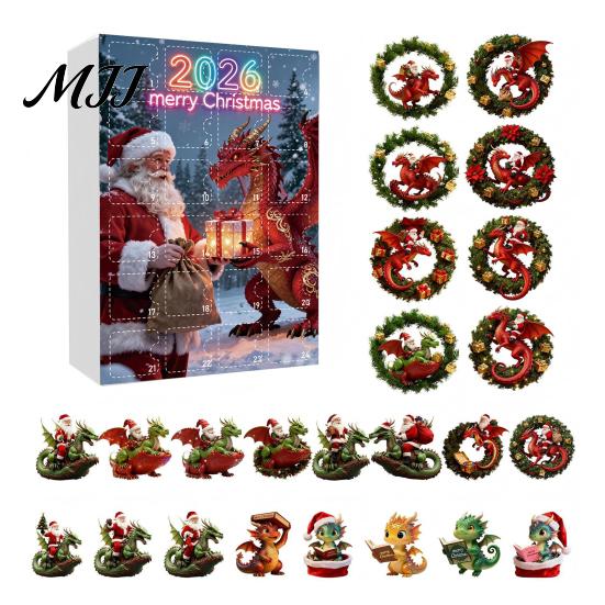 Christmas Advent Calendar 2026 Dragon Calendar, 24Pcs Acrylic 2D Ornament Set with Daily Surprise Gift Box Designs, Tree Hanging Decor, Holiday