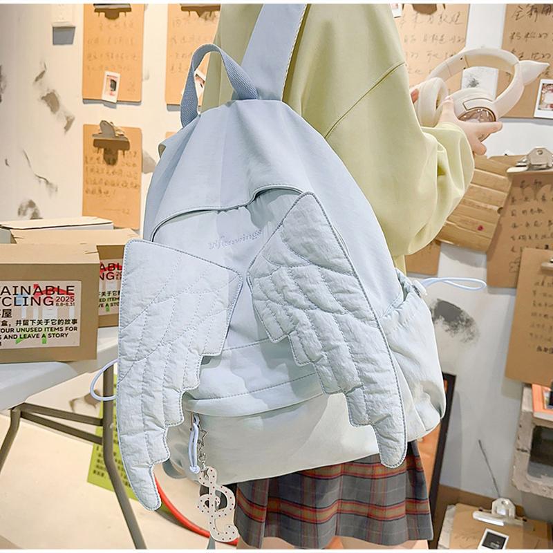 Cute Angel Wings Quilted Backpack Fashion Nylon School Bag Stylish Embroidered Pattern Casual Backpack Spacious Daily Travel Bag