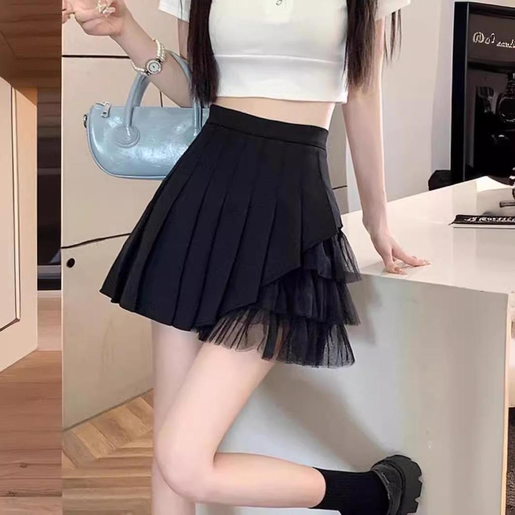 High-Waist A-Line Mesh Pleated Skirt: Women's Summer/Spring 2024 Short Skirt Pants
