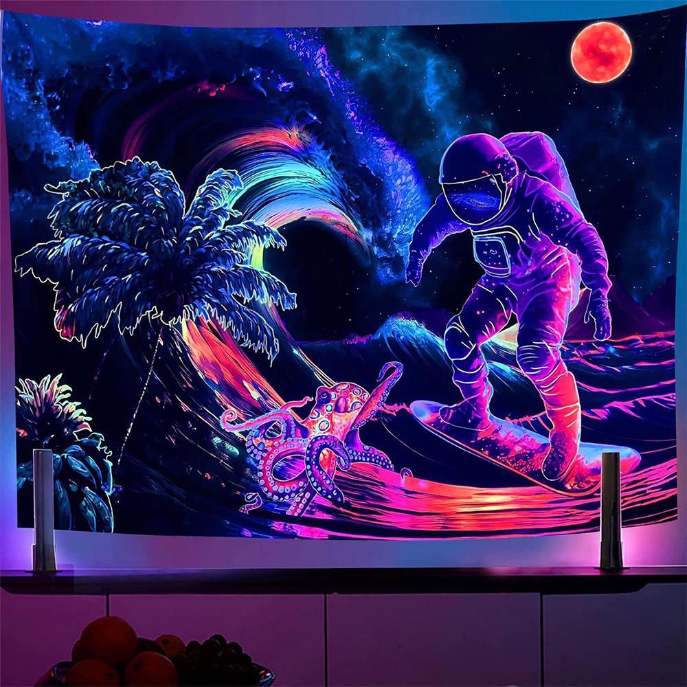 UV Reactive Mushroom Wall Hanging Tapestry Black Light Night Glowing Alien Skull Tapestries Astronaut Art For Bedroom Decor