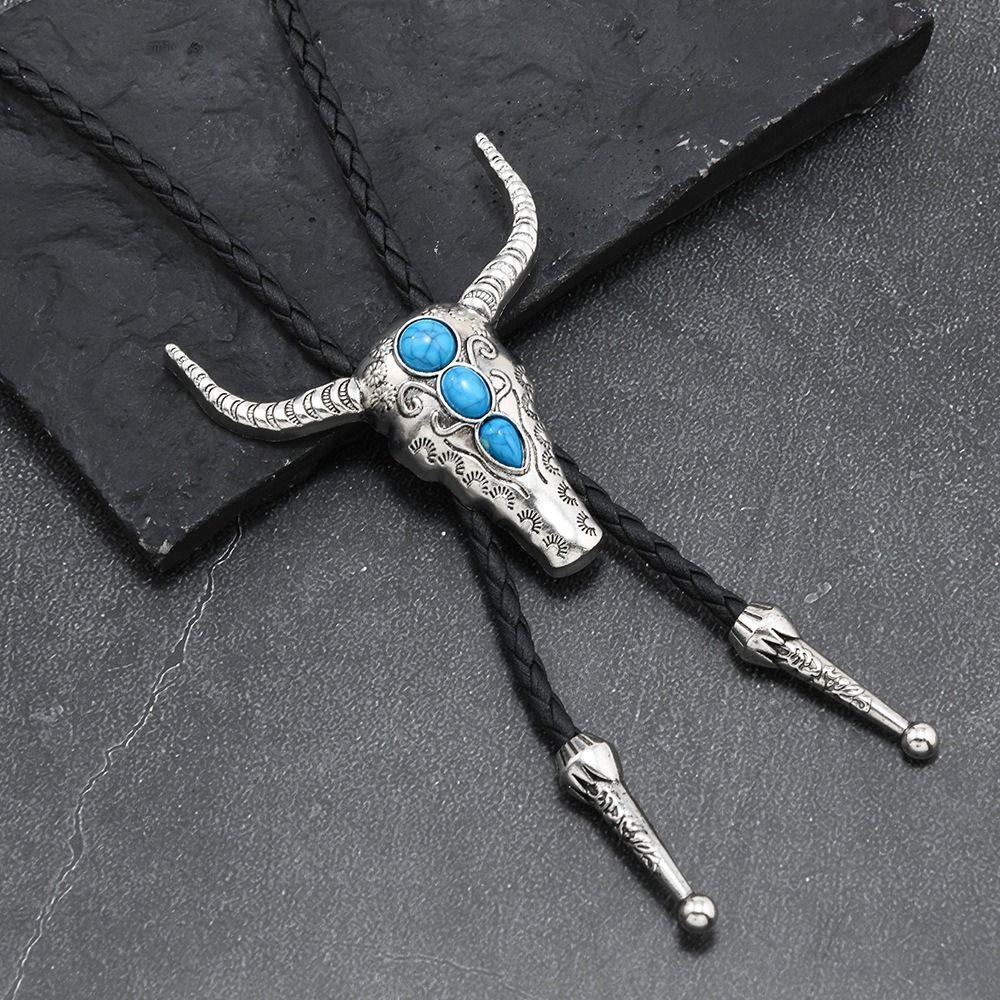 Turquoise Bolo Tie Necklaces Daily Outfits Vintage Sweater Chain Bull Head Necklaces Men Women