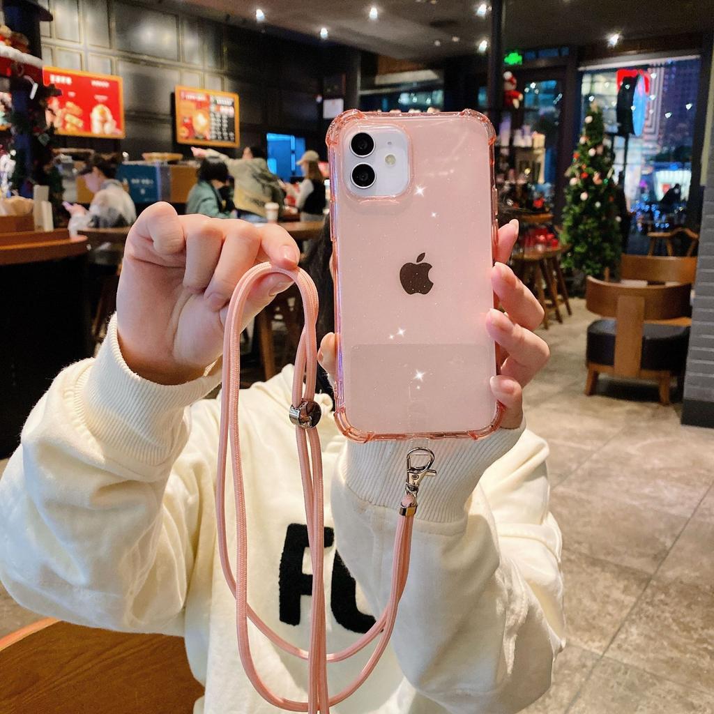Amazon popular application iPhone12 four corners anti-drop lanyard mobile phone case Apple 11 transparent glitter protective case