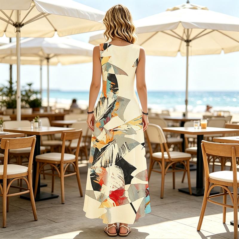 Summer Casual Abstract Art Sleeveless Maxi Dress,Loose Lightweight Flowy Flattering for Pool Vacation Versatile Style