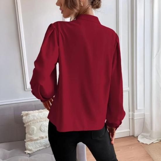 Women Shirt Stand Collar Puff Long Sleeve Buttons Placket Shirt Tops Pure Color Loose