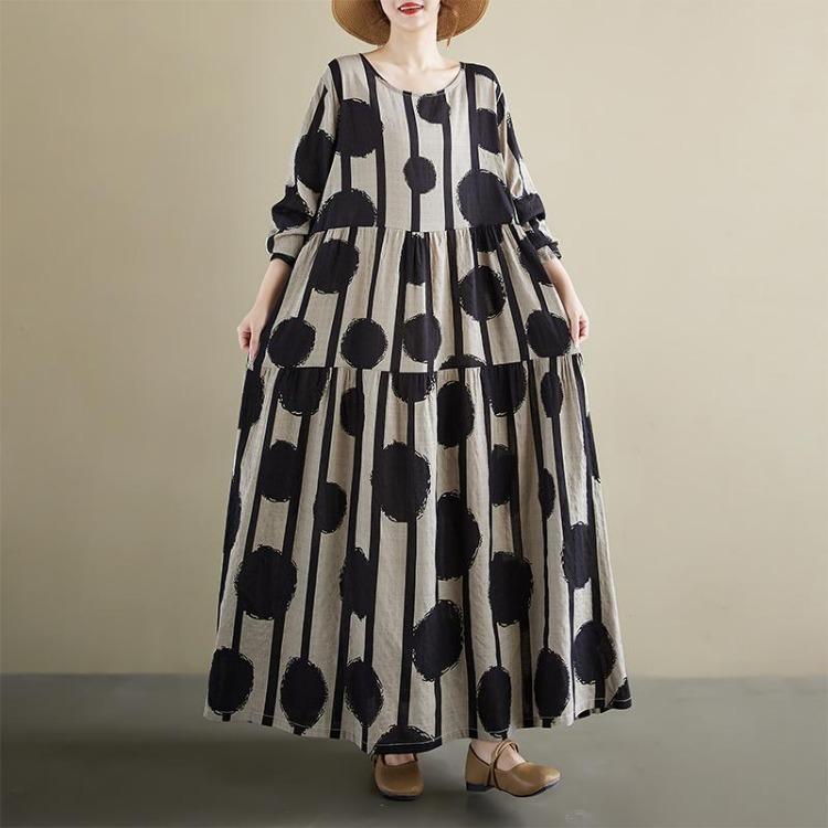 

Spring Vintage Floral Print Plus Size Women Maxi Dress Long Sleeve Loose Oversize Casual Basic Long Dress One Size