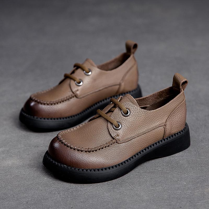 

Johnature Натуральная кожа Ретро Круглый носок Шнуровка Повседневная Универсальная Мягкая Подошва Воздухопроницаемая Женская Обувь 40 хаки