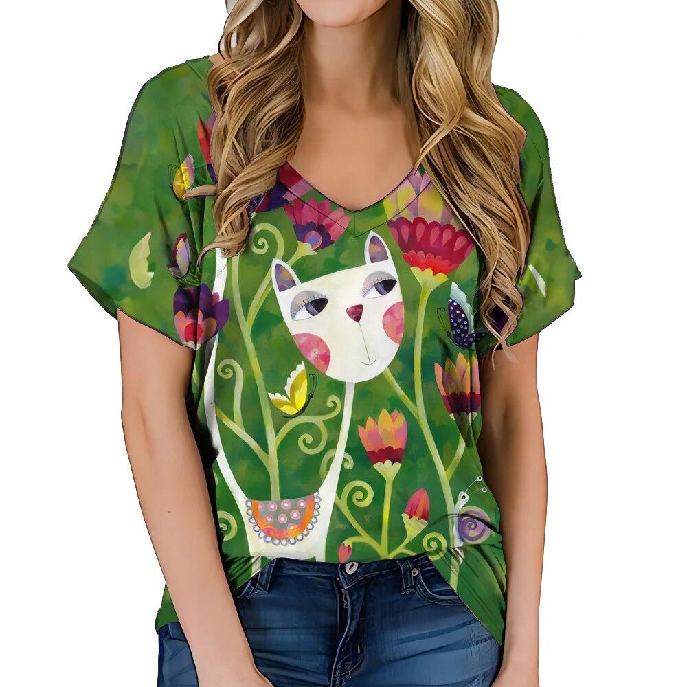 Fashionable Women's Clothing V-neck Kitten Print T-shirt Street Hot Selling Homestay Casual Top Summer Personalized Women Shirt