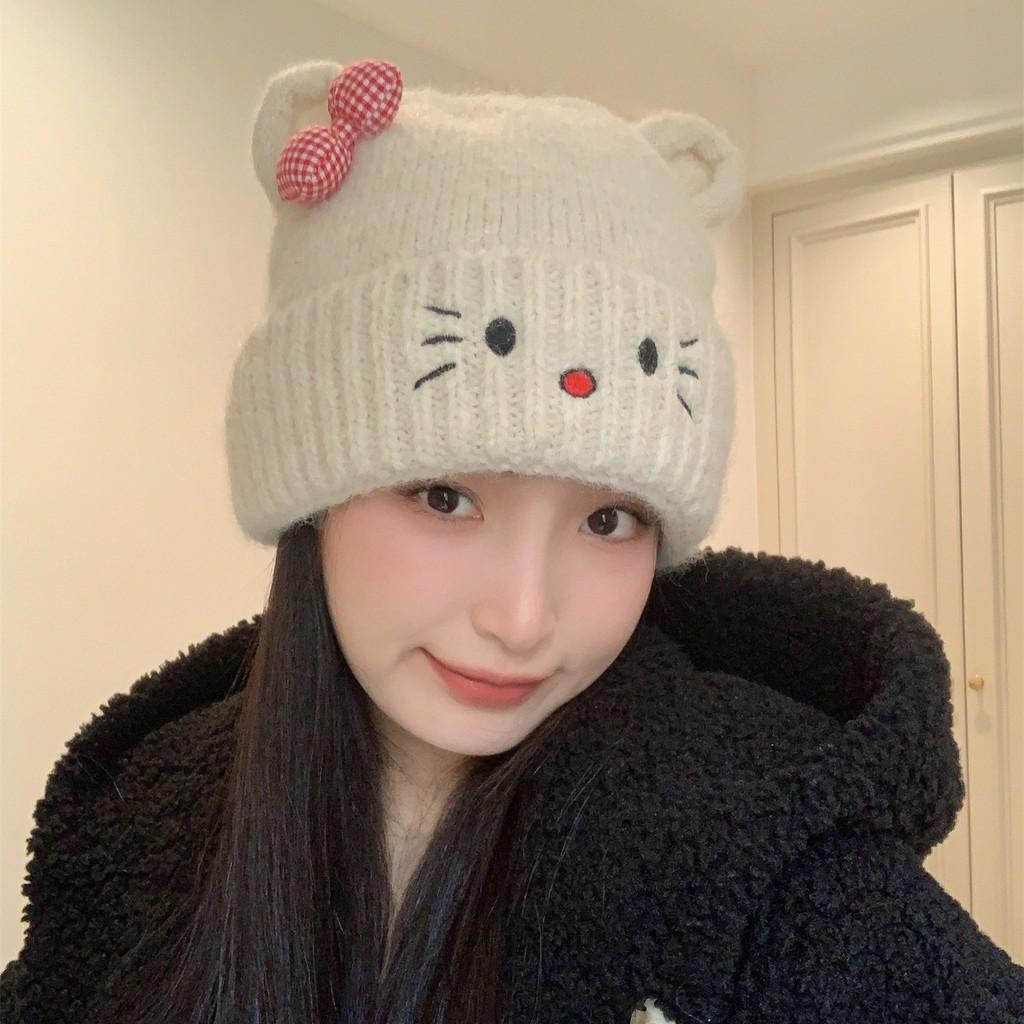 Cat Cartoon Knitted Hat With Embroidered Butterfly Bow For Winter Warmth And Windproof Comfort