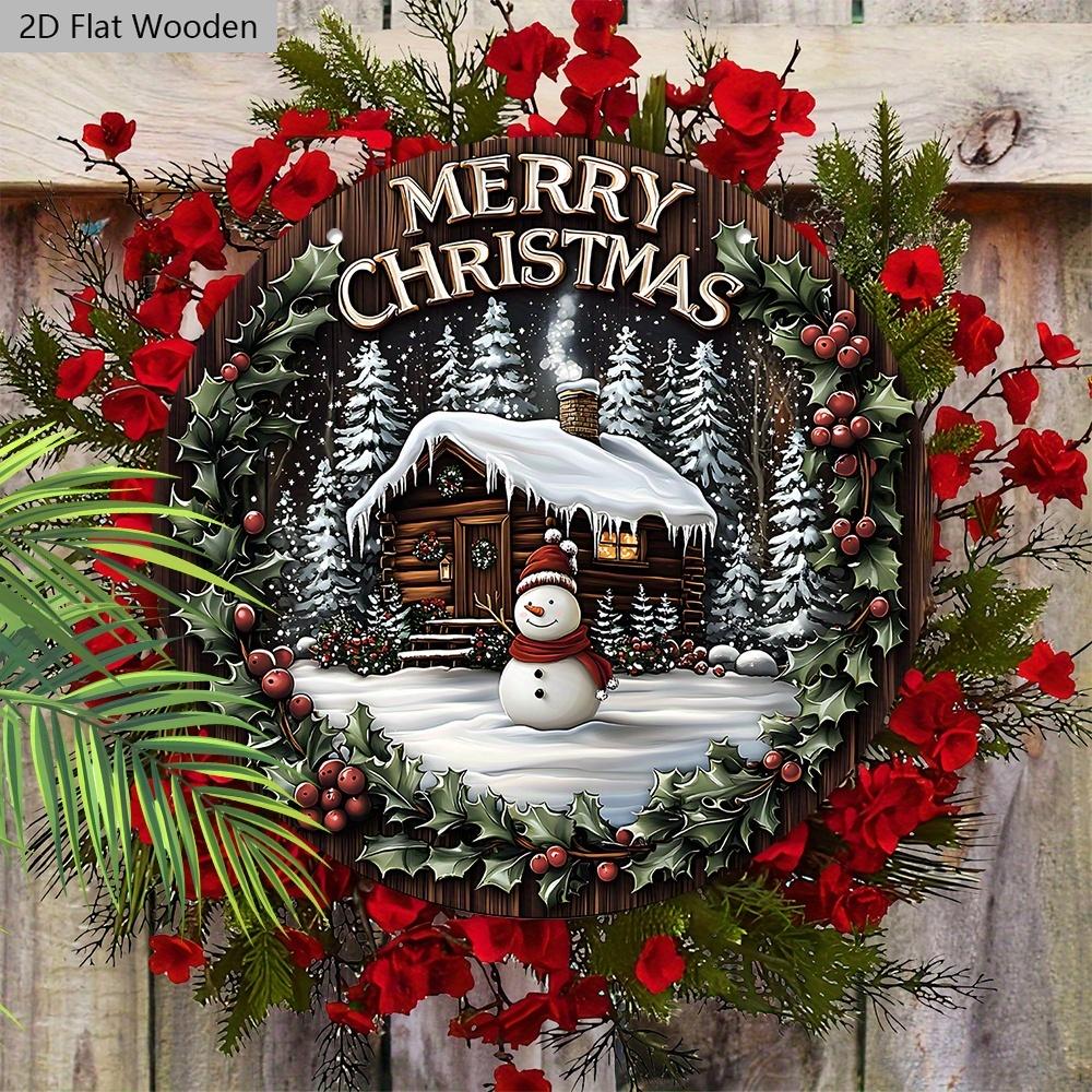 Warm Winter Wooden Christmas Sign with  Snow House & Snowman Pattern - Navidad Round Sign for Front Door Wall Hanging Decor - Ideal Christmas Gift