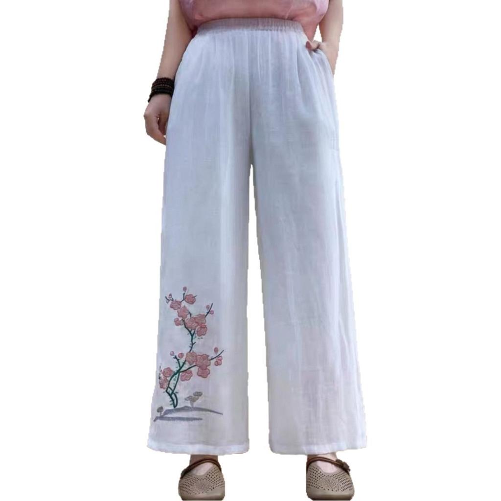 Summer National Style New Chinese Trousers Women's Elastic Embroidered Ethnic Style Embroidered Casual Trousers Retro Loose Wide-leg Trousers