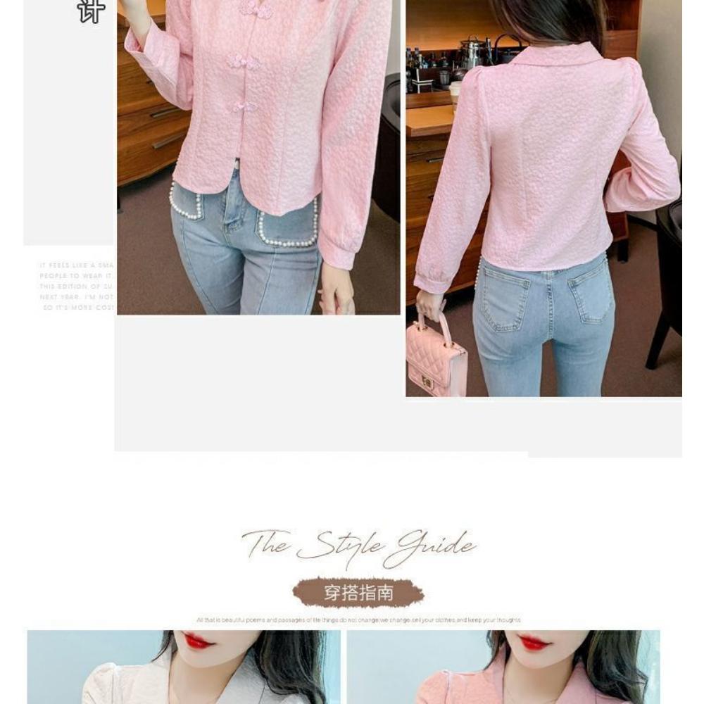 Temperament Slimming New Style Age-reducing Western Style Versatile Retro Buckle Design Chiffon Long-sleeved Top