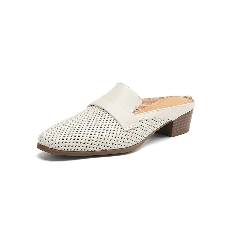 Fashion Women's New Summer Genuine Leather Sheepskin Breathable Hole Round Head, Mid Heel, Large Toe, M Ü Ller Slippers