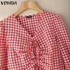 VONDA Women Summer V Neck Long Sleeve Drawstring Ruffled Plaid Casual Blouse