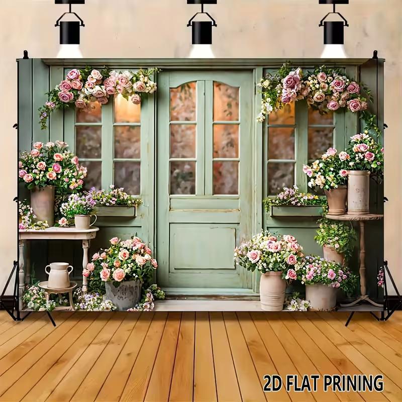 2D Floral Doorway Backdrop, Vintage Flower Shop with Potted Roses Background