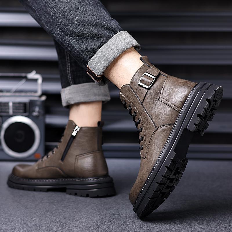 Fashion Lace Up Short Basic Boots Men Outdoor Platform High Top Sneakers High Quality Motocross Boots Leather Male New Walking Boots